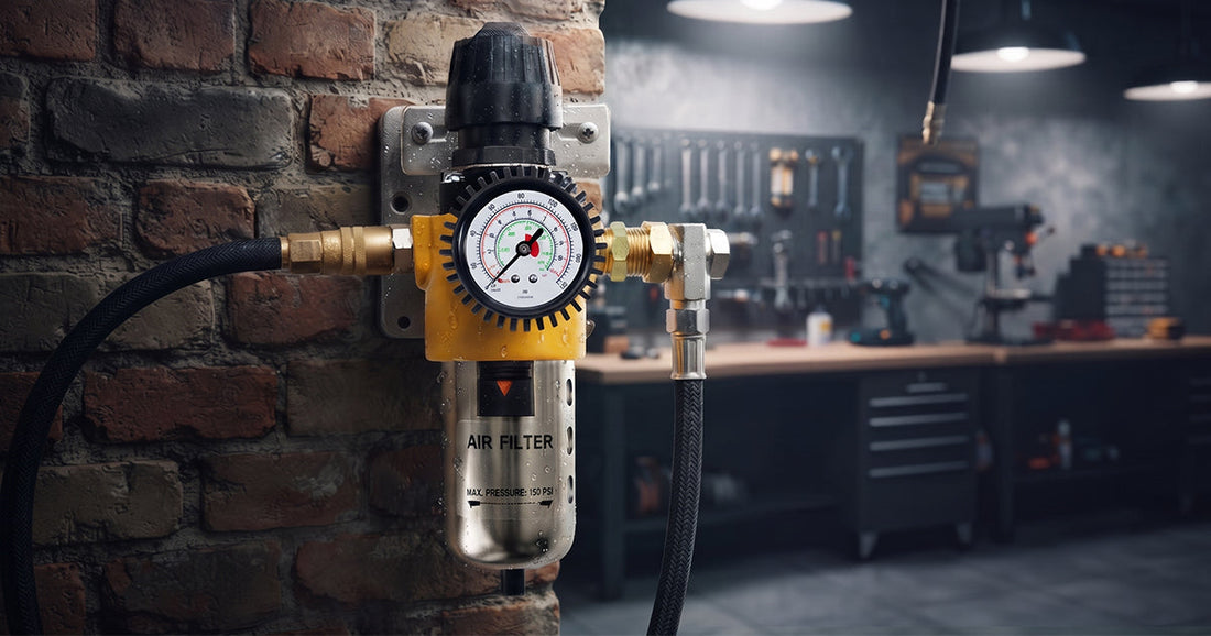 A yellow Le Lematec air filter and regulator unit installed on a workshop brick wall with tools in the background.