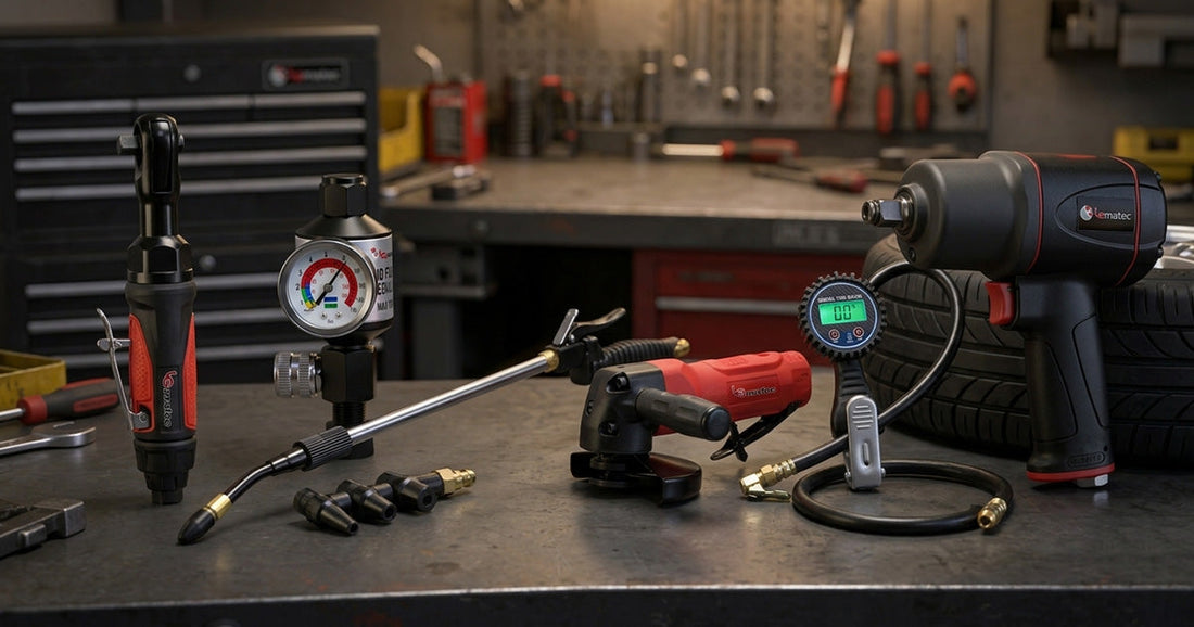 Professional air tool starter kit including an air ratchet, filter regulator, impact wrench, and tire gauge on a workbench.