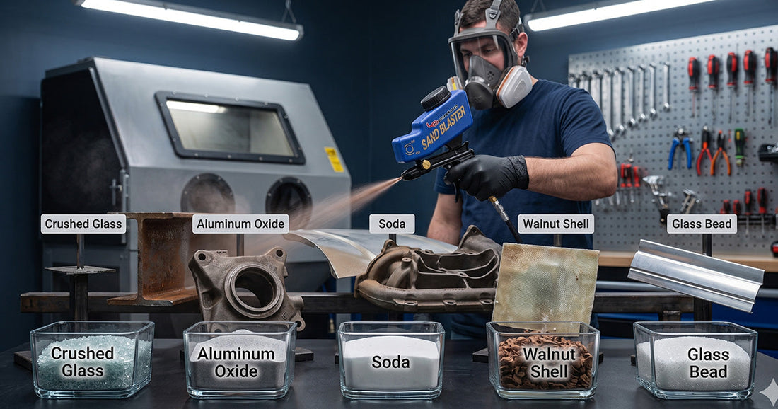 Worker in safety gear using Lematec sandblaster with various abrasive blasting media jars on a workshop table.
