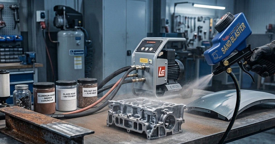 Professional sandblasting setup with jars of various abrasive media for different surface applications.