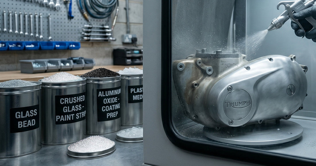 Professional sandblasting cabinet cleaning a metal engine part with various abrasive media canisters on a workbench.