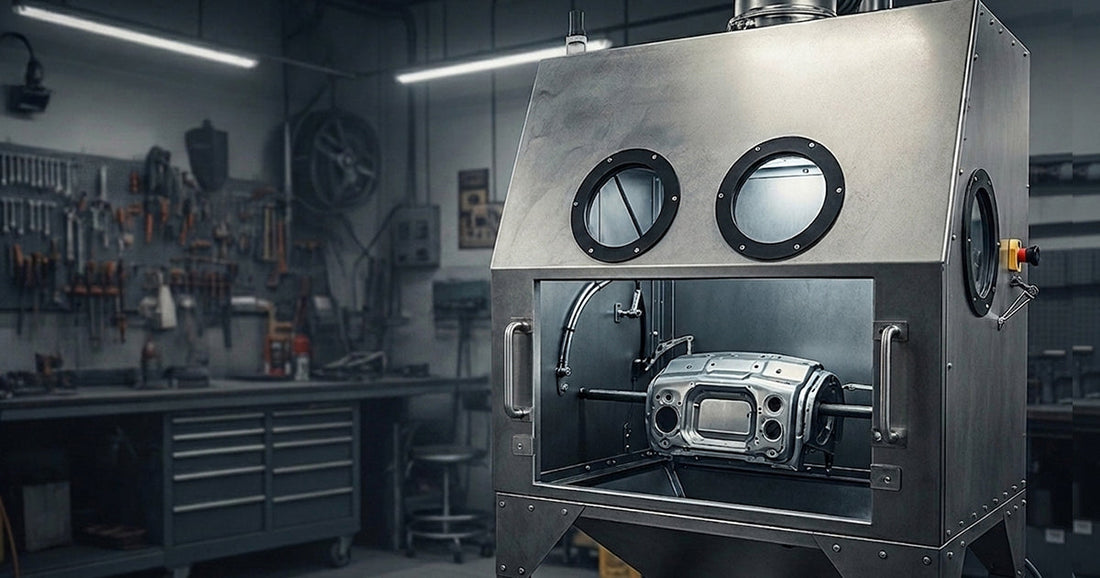 Professional sandblasting cabinet in an industrial workshop for cleaning metal parts with precise abrasive control.