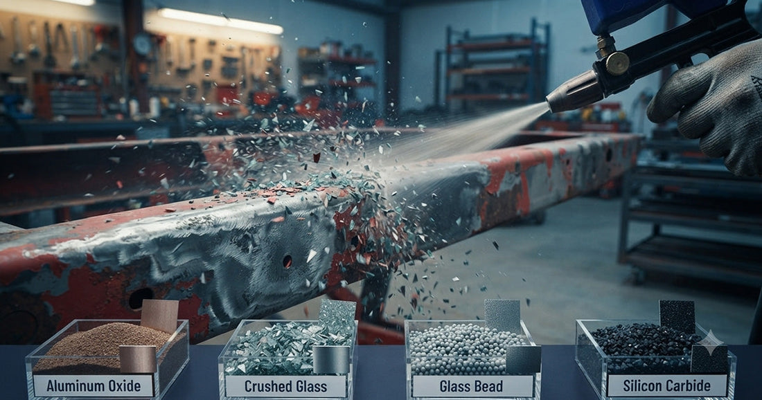 A Le Lematec sandblaster gun spraying media onto a metal frame, with four types of abrasive media in containers.