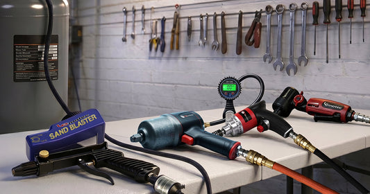 A collection of Le Lematec pneumatic tools and a digital pressure gauge arranged on a workshop table for a guide.