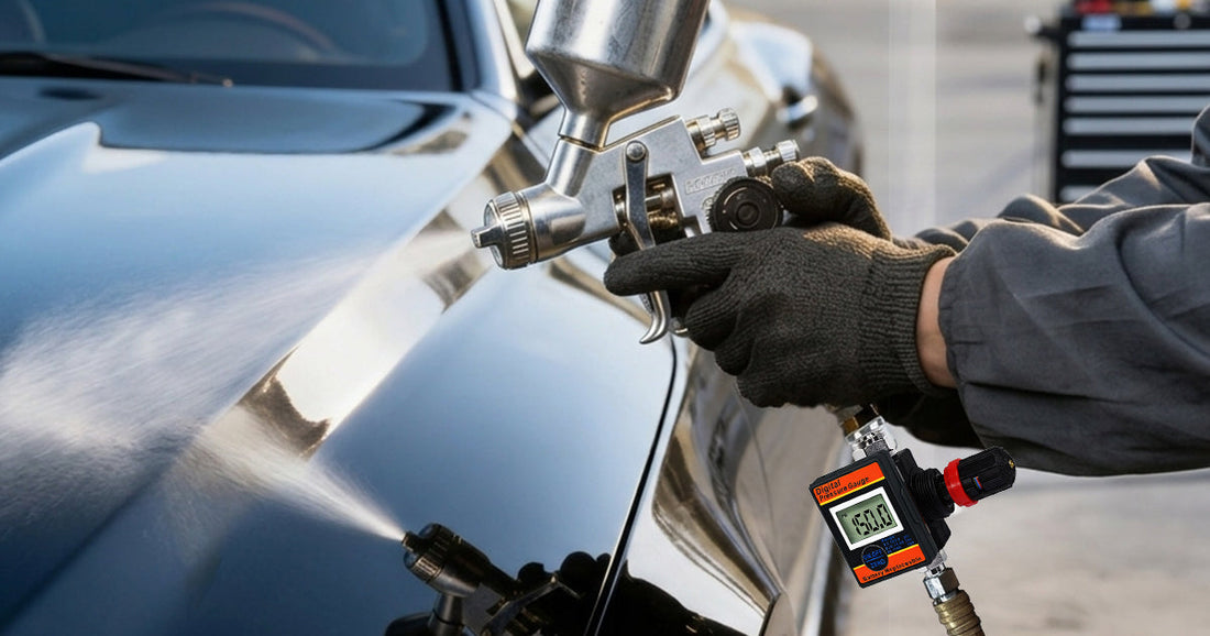 Le Lematec digital air regulator attached to a spray gun painting a black car for precise pressure control