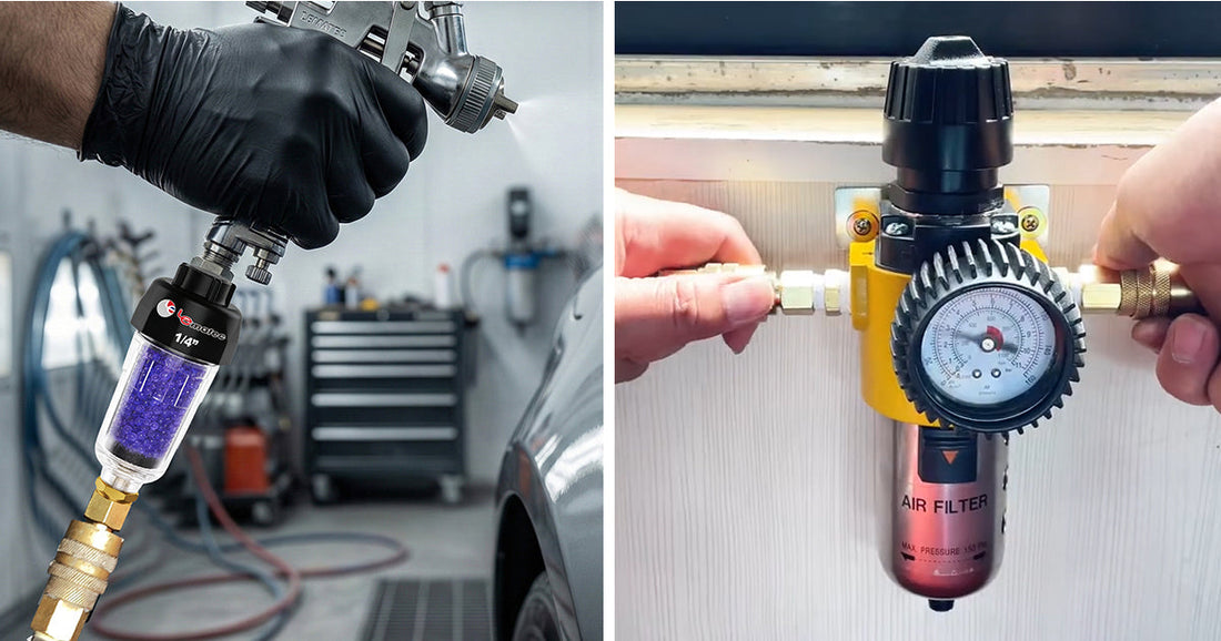 Comparison between a desiccant dryer on a paint gun and a wall-mounted air filter regulator for pneumatic tools.