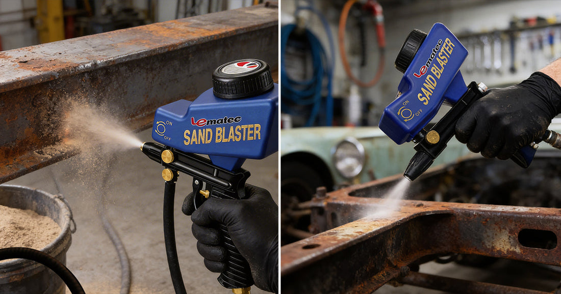 Split view showing a Lematec sandblaster cleaning a rusty beam and removing paint from a vintage car frame in a workshop.