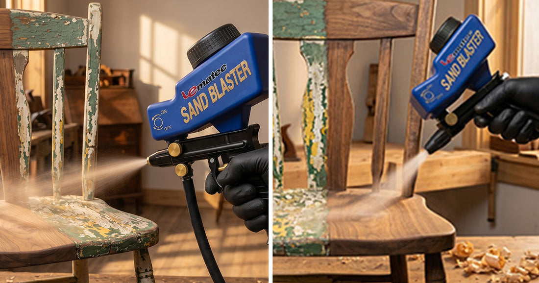 Le Lematec gravity-feed sandblaster removing old paint and finish from a vintage wooden chair