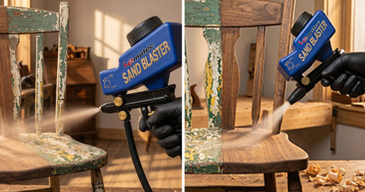 Le Lematec gravity-feed sandblaster removing old paint and finish from a vintage wooden chair
