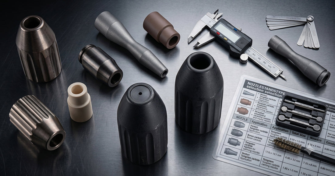 Close-up of various industrial sandblaster nozzles arranged on a workbench for size comparison and selection.
