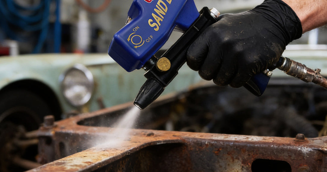 Hand wearing a black glove using a professional sandblaster gun to remove rust from a vehicle frame.