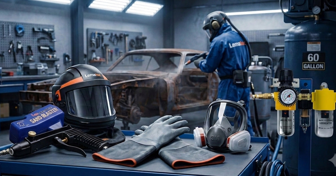 Sandblasting safety equipment including helmet, gloves, and respirator with a worker prepping a car chassis.