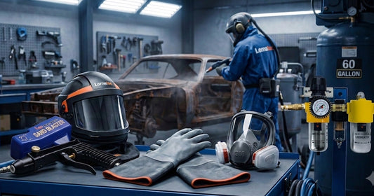 Sandblasting safety equipment including helmet, gloves, and respirator with a worker prepping a car chassis.