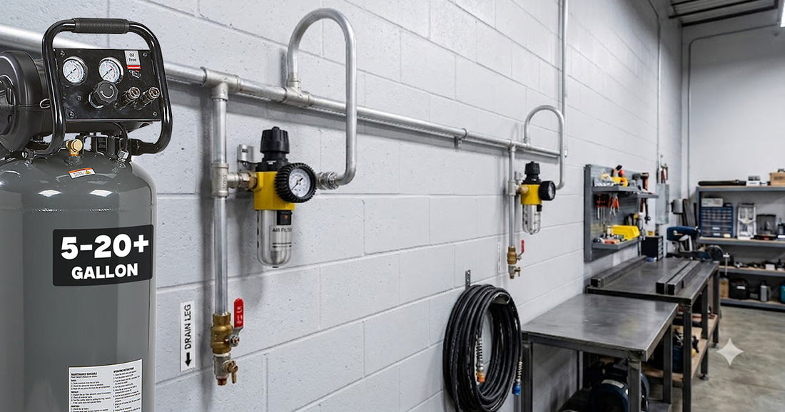 A clean, organized shop air line layout with mounted regulators and hoses on a cinder block wall.