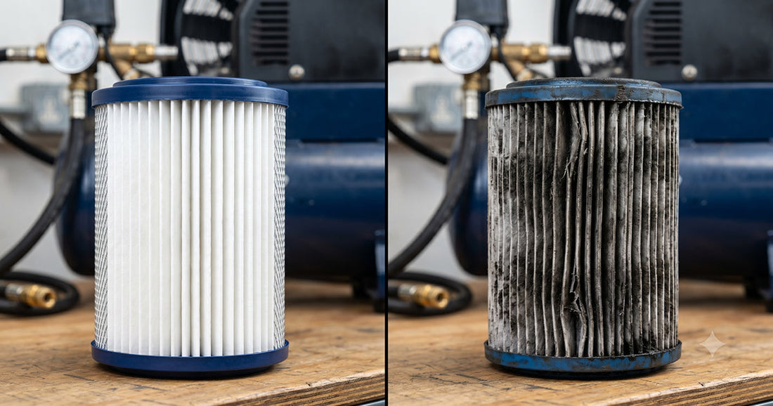 Technician inspecting and replacing an air compressor filter in a clean, well-lit workshop environment.
