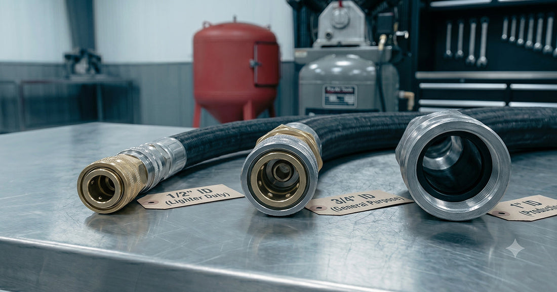 Three air hose sizes with labels indicating 1/2-inch, 3/4-inch, and 1-inch inner diameters on a workshop table.