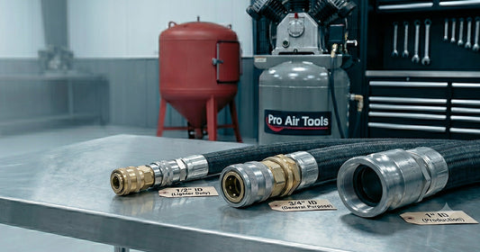 Three sizes of industrial blast hoses (1/2", 3/4", 1") labeled for duty level, resting on a workshop workbench.