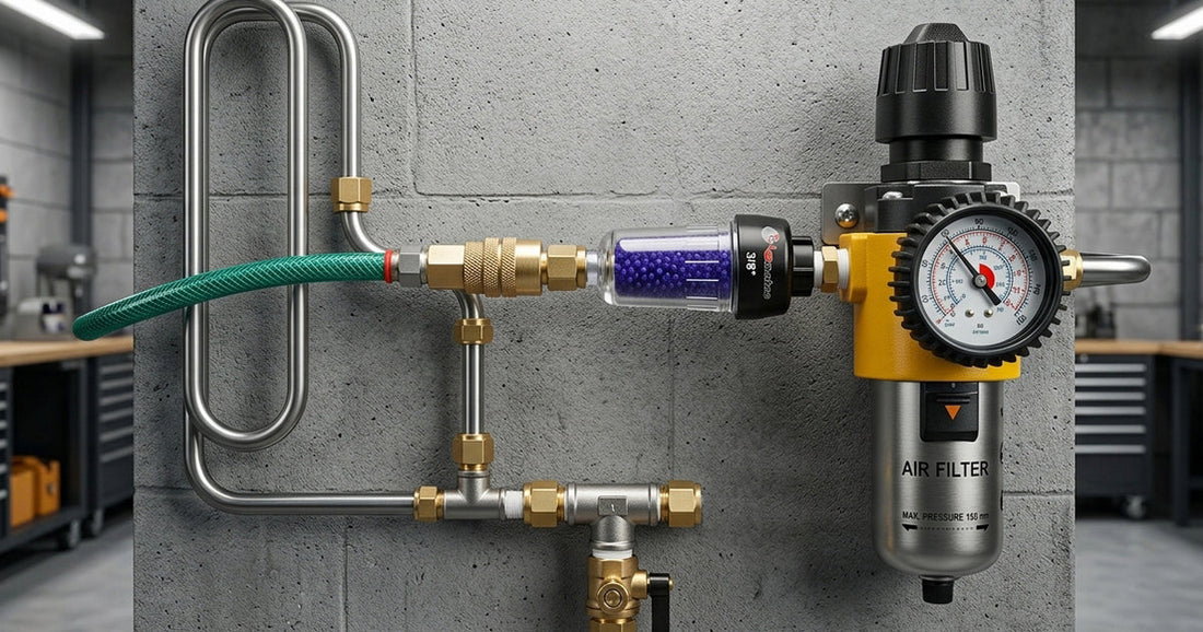 Professional air filtration and pressure regulation system components arranged on a workshop workbench.