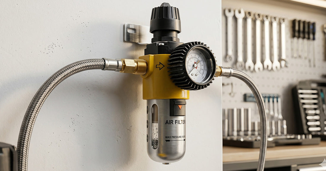 Professional air filter regulator installed on an industrial workshop wall with neat air lines and brass fittings.