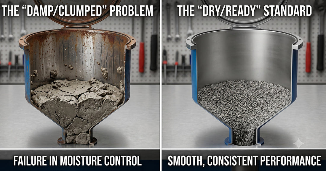 Comparison of damp, clumped sandblasting media due to moisture versus dry, free-flowing media for consistent performance.