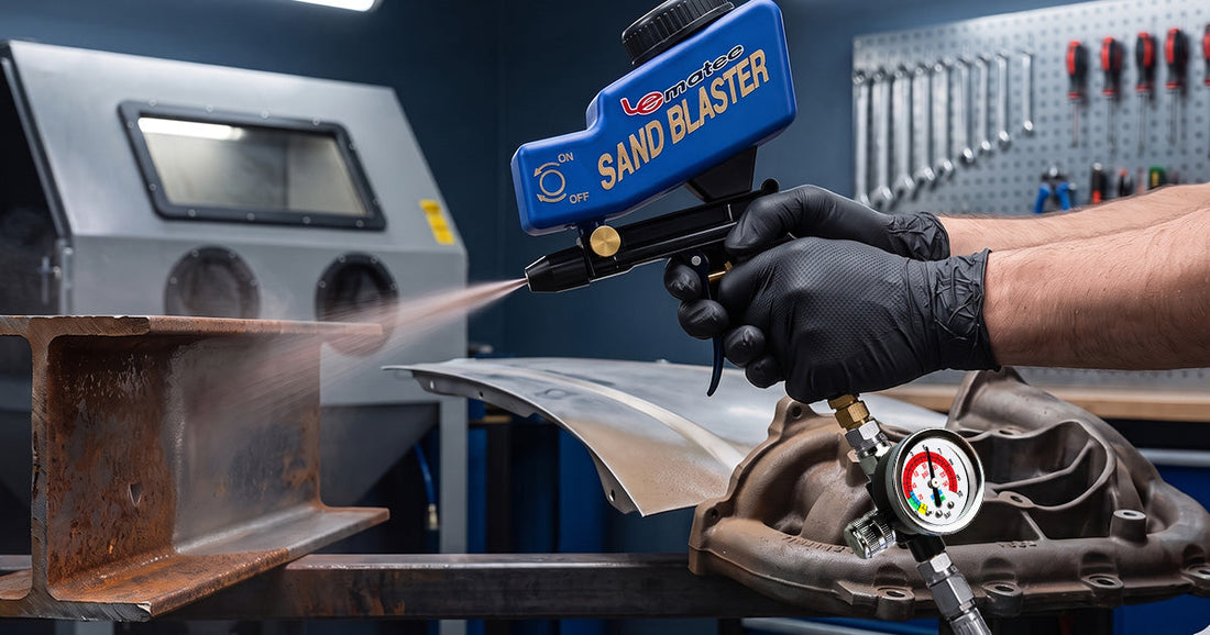 Worker using Lematec sandblaster on metal part with a pressure gauge installed on the air line for precision control.