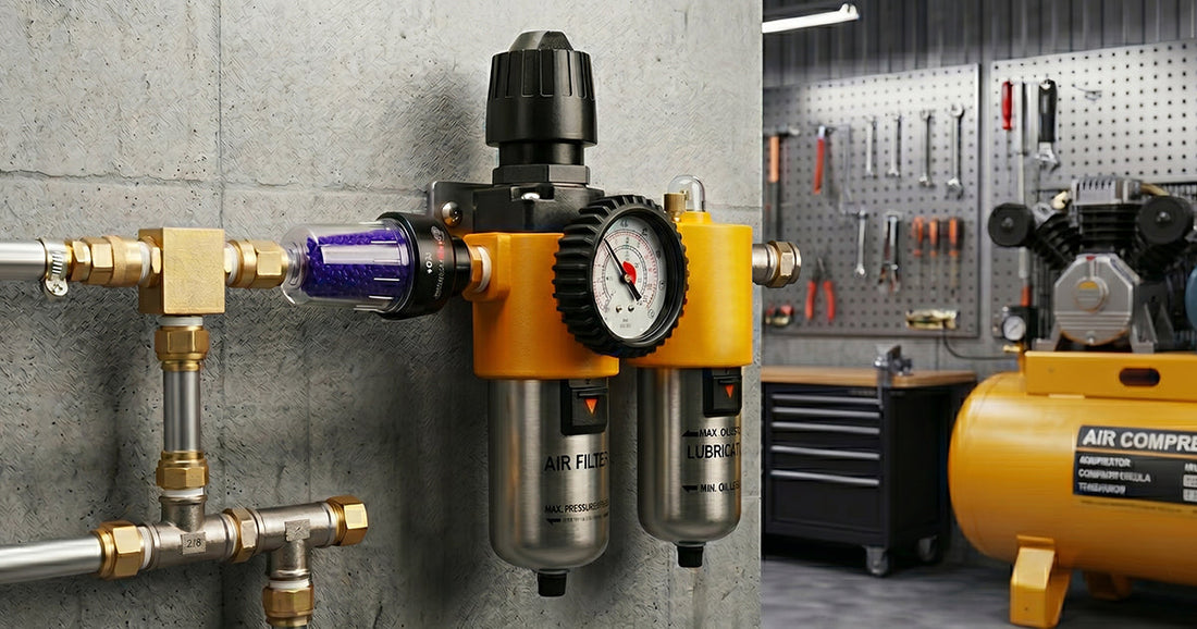 Air compressor FRL system with filter, regulator, and lubricator installed on shop wall for clean, dry pneumatic air flow.