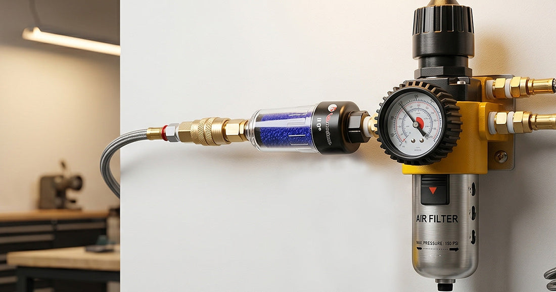 Professional air filter regulator mounted on a workshop wall with clear filtration and pressure control setup.
