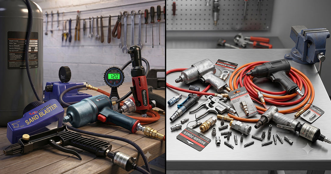 Split view of professional pneumatic tools on a workbench versus a collection of budget-friendly tool bundle kits.