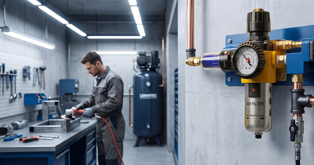 Professional pneumatic air filter and regulator assembly mounted on a workshop wall with mechanic working in rear.