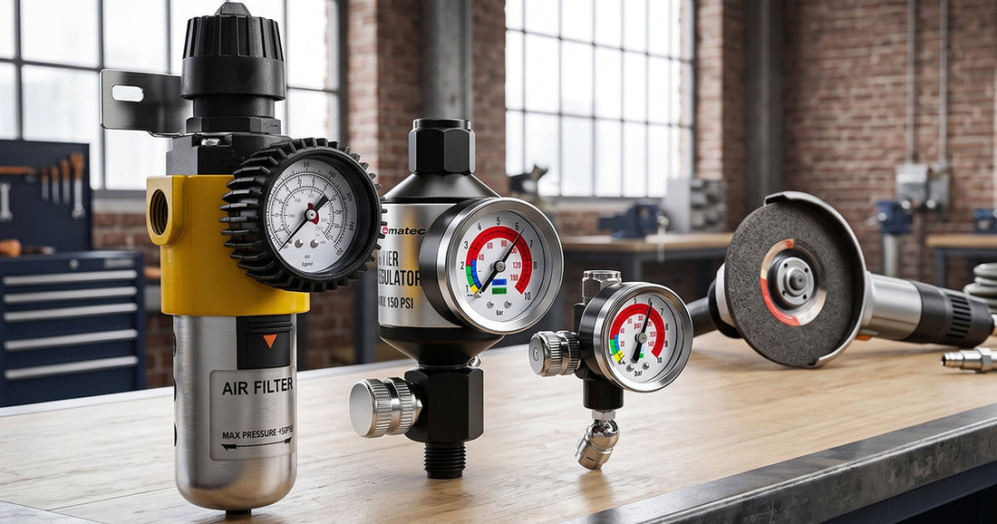 Professional air filter and pressure regulator setup installed on a workshop wall for dry, clean compressed air.