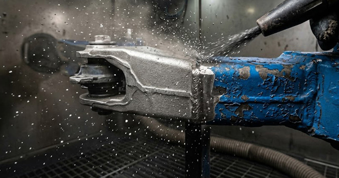 A Le Lematec sandblaster removing tough powder coat finish from a metal surface during a restoration project.