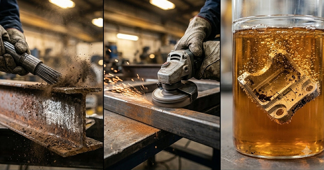 Three-panel comparison showing rust removal using a needle scaler, wire wheel grinder, and chemical rust soaking.
