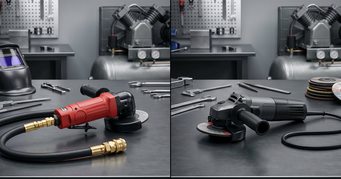 Comparison of a red pneumatic angle grinder with air hose versus a grey electric angle grinder on a garage work surface.