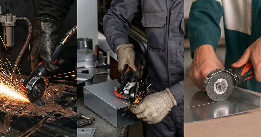 Three close-up shots demonstrating a pneumatic cutoff tool cutting and grinding metal sheet components in a workshop.