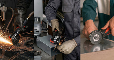 Three close-up shots demonstrating a pneumatic cutoff tool cutting and grinding metal sheet components in a workshop.