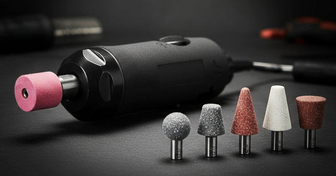 A black pneumatic die grinder lying on a dark surface with a set of various grinding stone bits arranged in front.