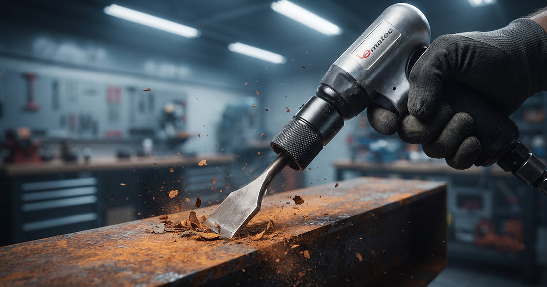 Professional mechanic using a Le Lematec pneumatic air hammer to remove thick, stubborn rust scale from a steel beam.