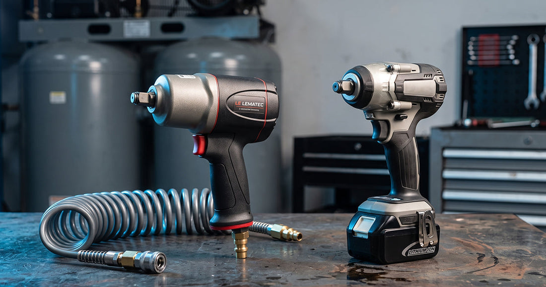 Side-by-side comparison of a Le Lematec pneumatic impact wrench and a cordless electric impact wrench on a table.
