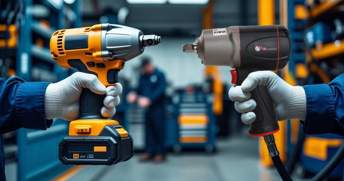 Comparison of a cordless electric impact wrench and a Le Lematec pneumatic impact wrench held by a mechanic.
