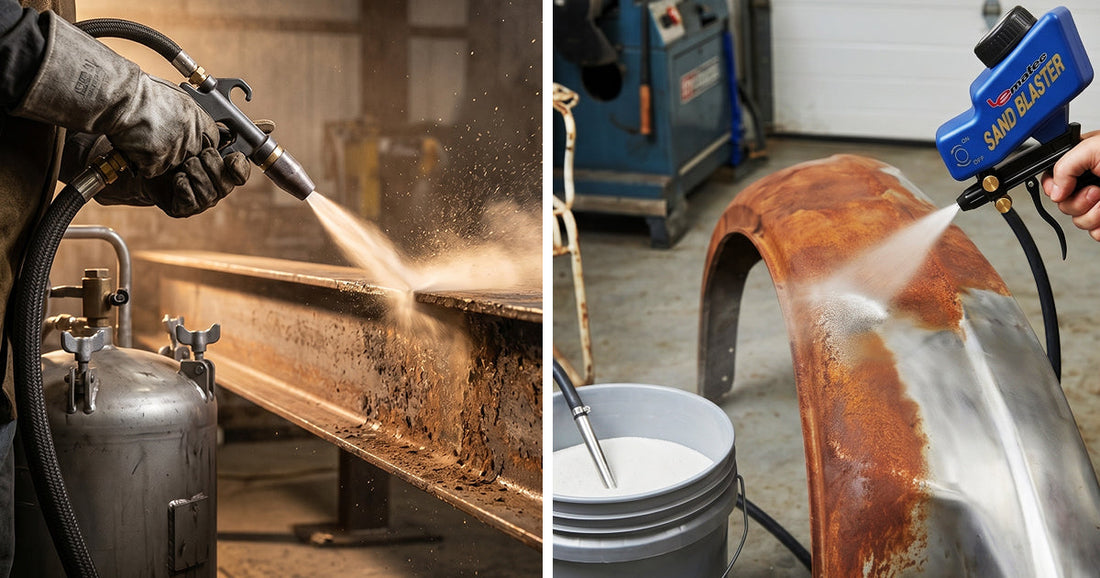 Split view comparing a powerful pressure sandblaster on metal beams to a handheld siphon sandblaster on a rusty fender.