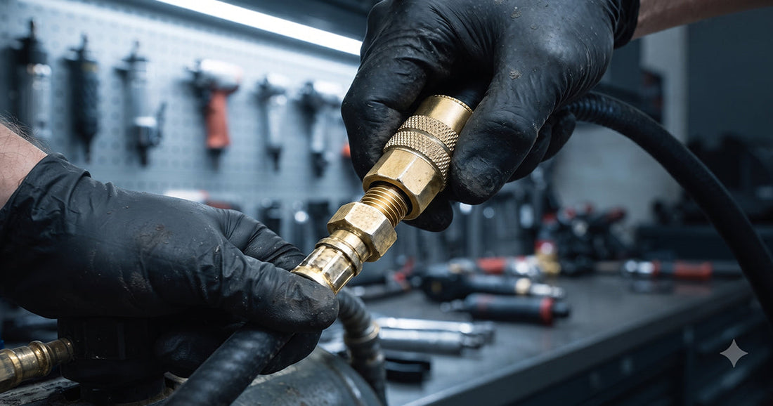 Mechanic hands in black gloves connecting a brass air hose quick coupler in a professional workshop setting.