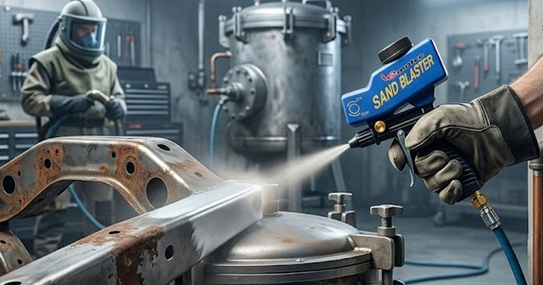 Worker using a handheld sandblaster to remove rust from a car chassis frame in an industrial garage.