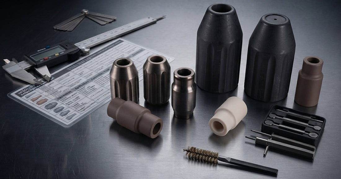 Various Le Lematec sandblaster nozzle sizes and precision measuring tools laid out on a workshop bench.