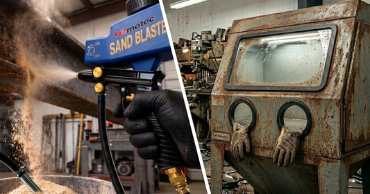 Comparison of a handheld Le Lematec sandblaster spraying a metal beam next to a traditional industrial sandblast cabinet.