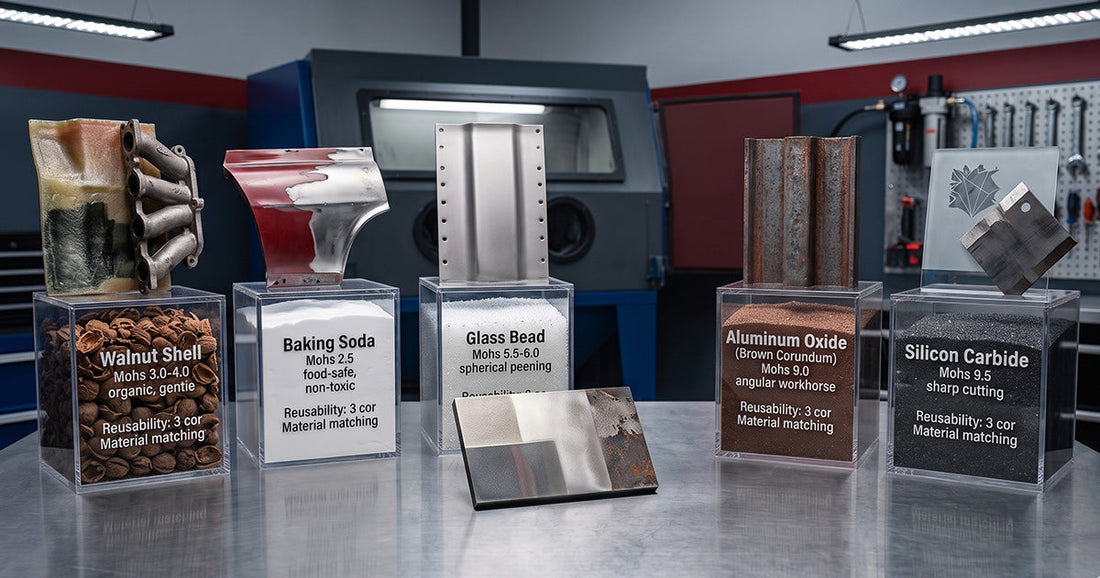 Display of abrasive blasting media including baking soda, glass beads, and walnut shells in clear containers for comparison.
