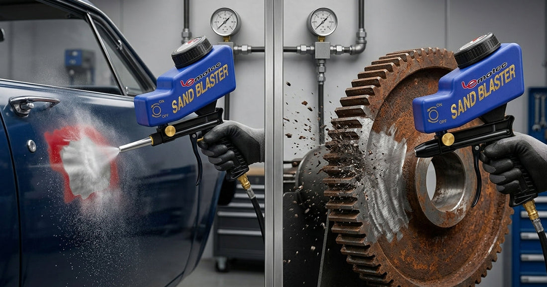 Comparison of Le Lematec sandblaster removing rust from a gear and paint from a car panel using abrasive media.