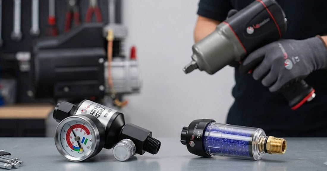 Air filter regulator and desiccant dryer setup for clean, conditioned air in a professional workshop.