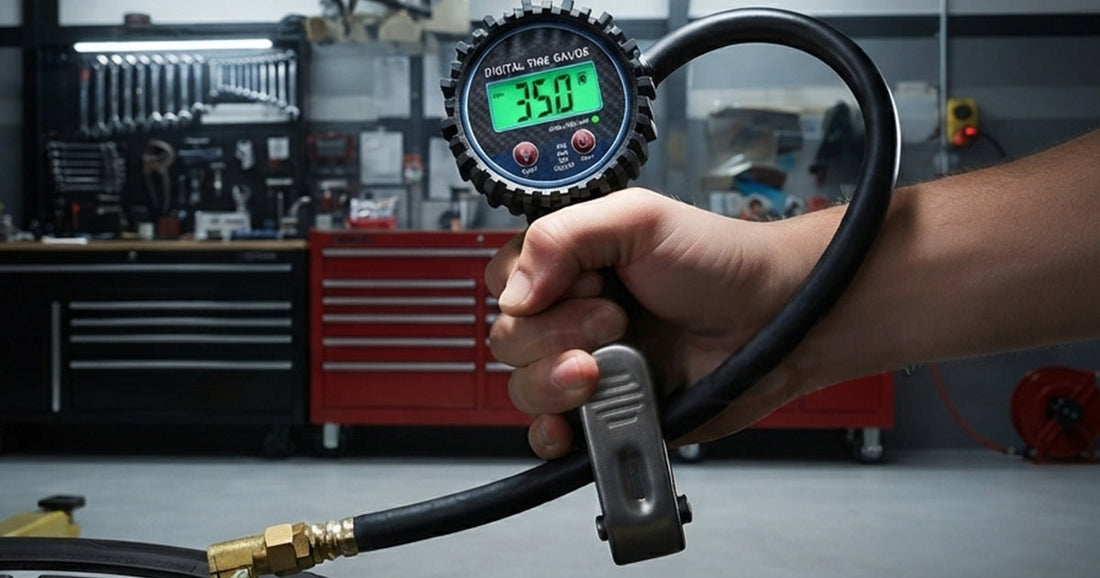 A person holding a Le Lematec digital tire inflator with a pressure gauge to check a vehicle's tire pressure.