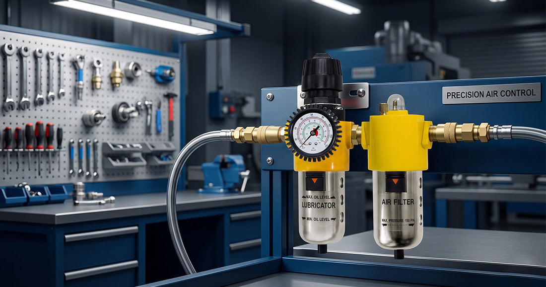 Lematec air filter and lubricator regulator system setup on a blue workstation with tools in the background.