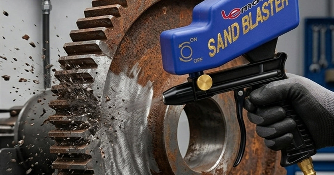 Handheld Lematec sandblaster gun removing rust from a large metal industrial gear in a workshop.